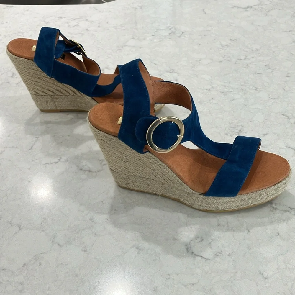 Anthropologie Maypol Blue Suede Platform Wedge Espadrille Sandals Sz 39-‎ NWOT